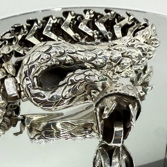 Nacho Gomez Taxco 950 Sterling Silver Rattlesnake Bracelet Malachite Eyes NWOT - Picture 9 of 17